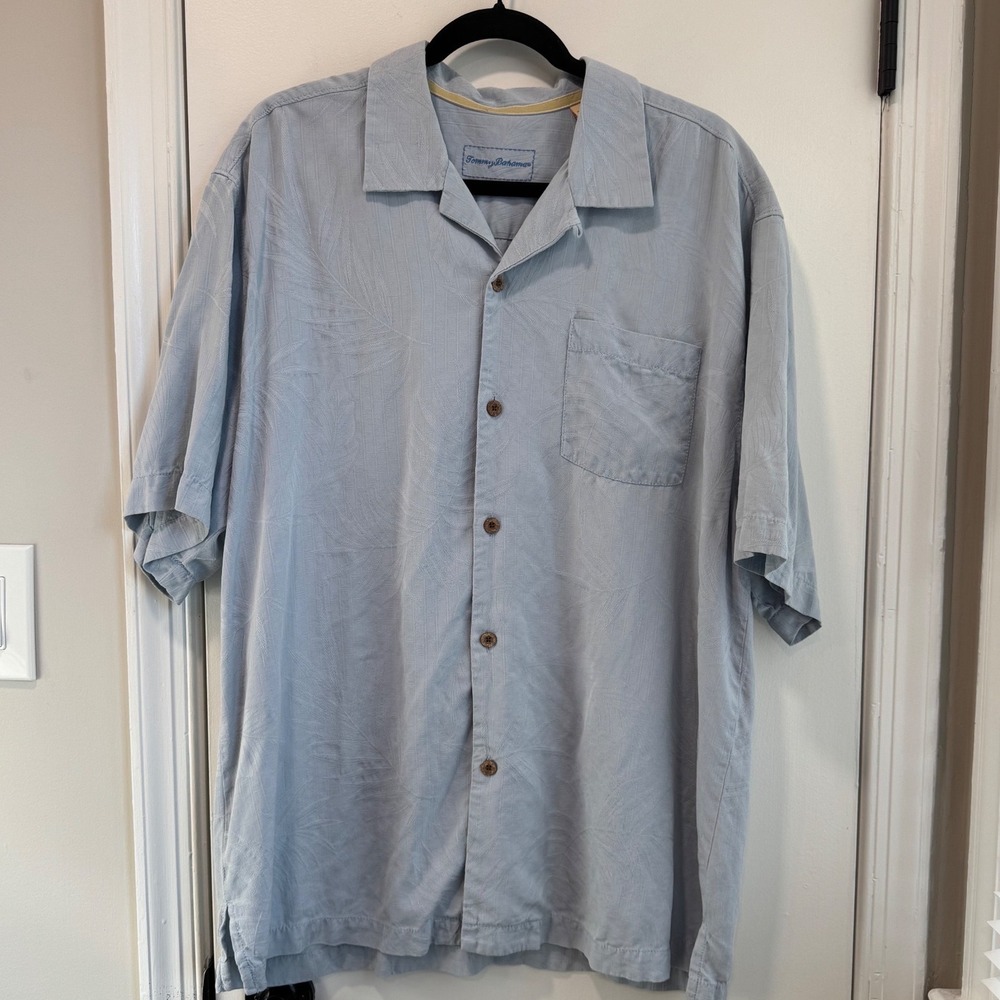 Tommy Bahama Mens‎ Silk Short Sleeve Button Down Shirt Palm Leaf Print Blue L